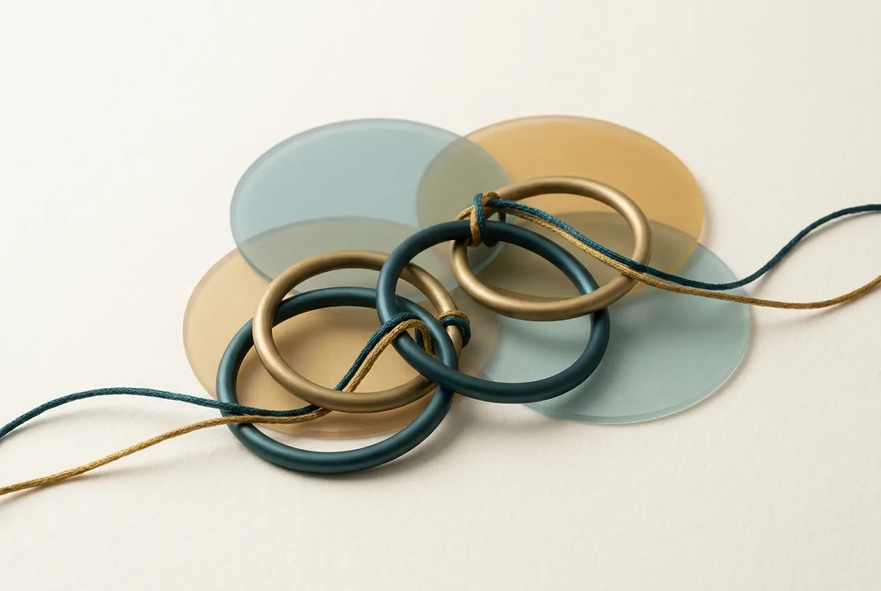 Abstract Art | CAQA Research An abstract composition of interlocking metal rings and translucent acrylic shapes representing mixed-field programs.
