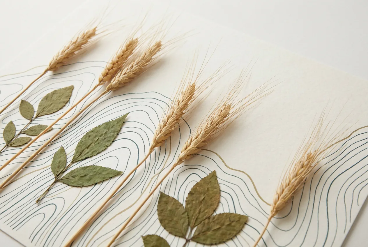 Agriculture & Environmental Studies | CAQA Research Dried wheat stalks and pressed leaves rest on a patterned paper background, illustrating the agriculture sector.