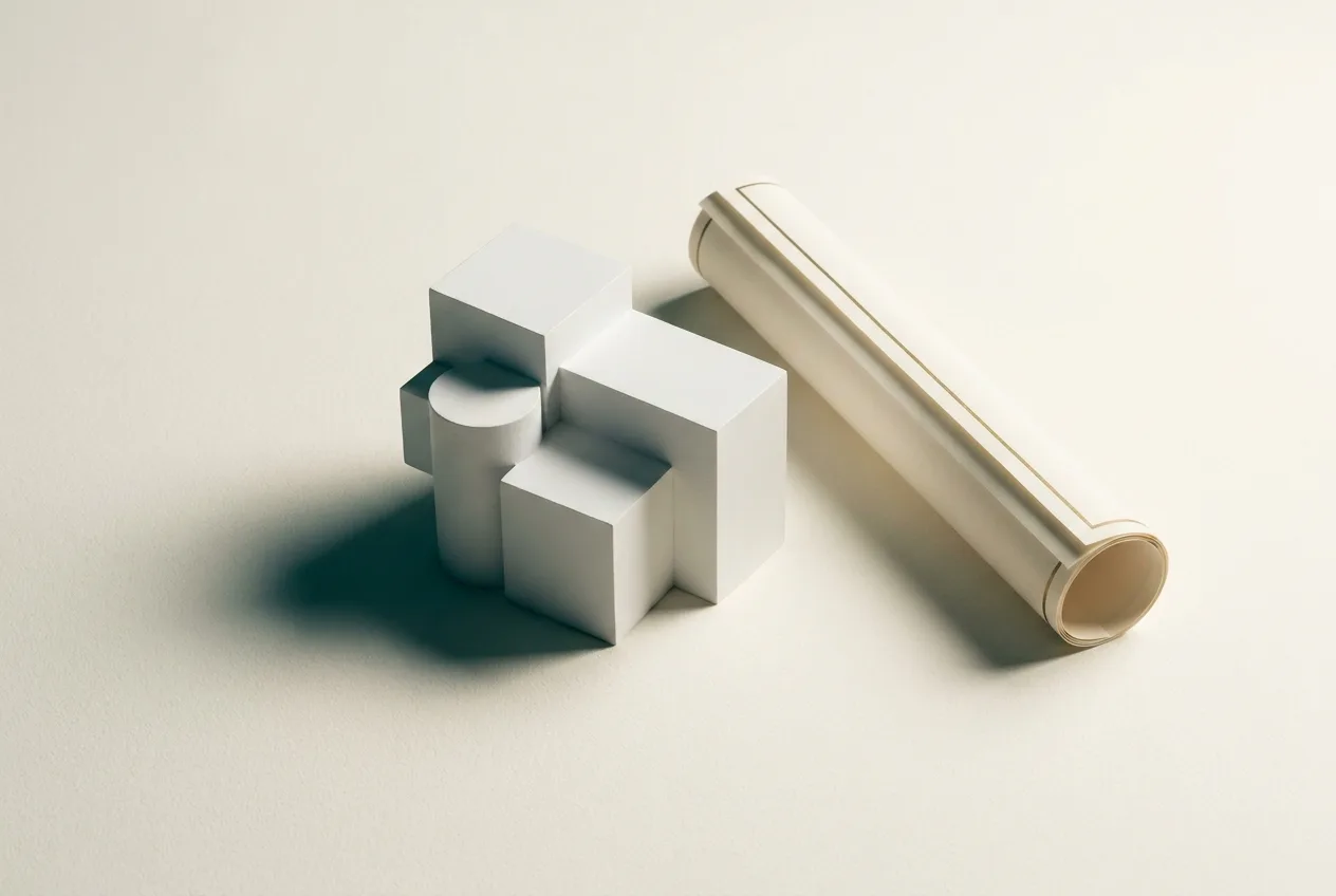 Architecture & Building | CAQA Research A minimalist still life of geometric shapes and a cylindrical tube, representing engineering and related technologies in the.