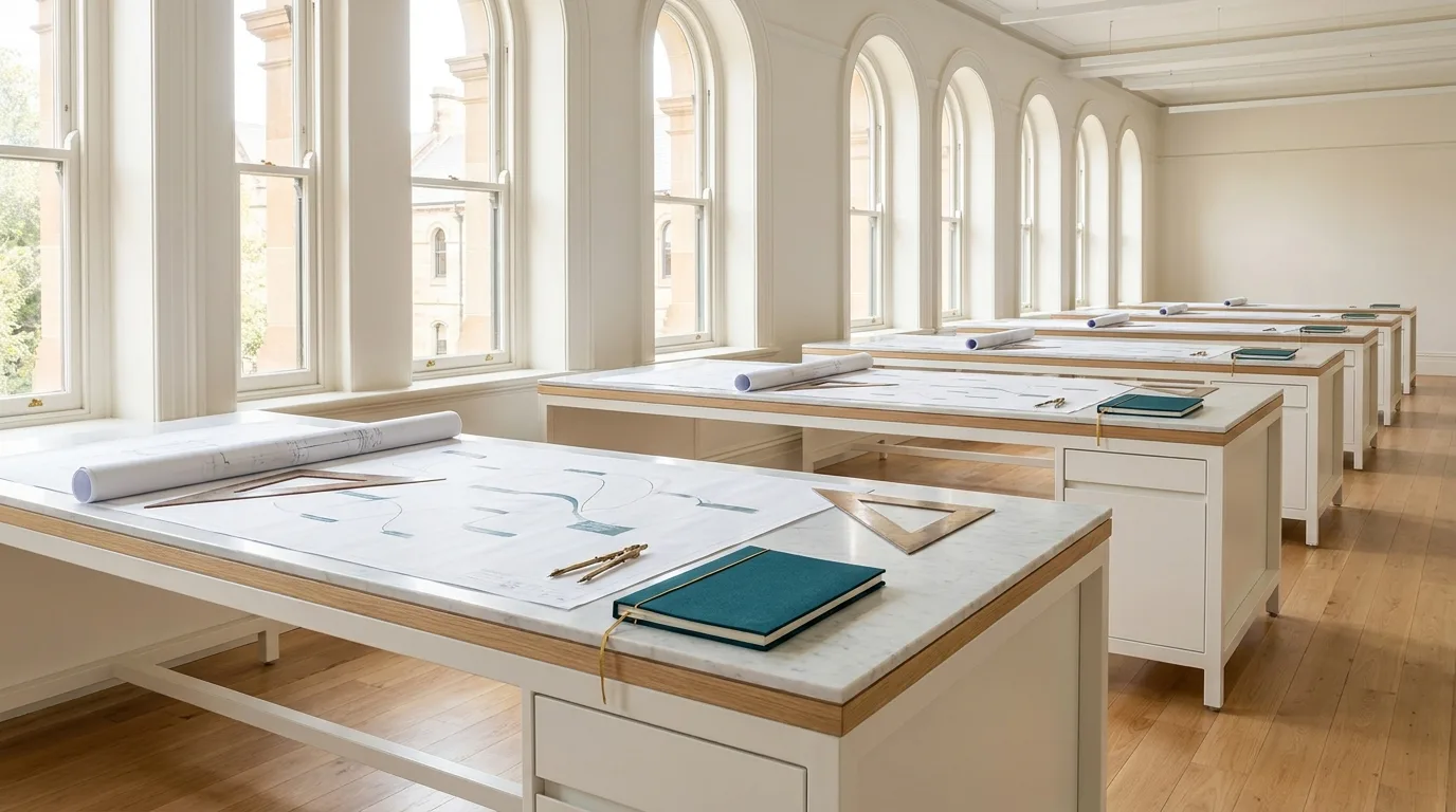 Curriculum Studio | CAQA Research A bright curriculum studio shows drafting tables and course maps, supporting CAQA Research's work in vet policy.