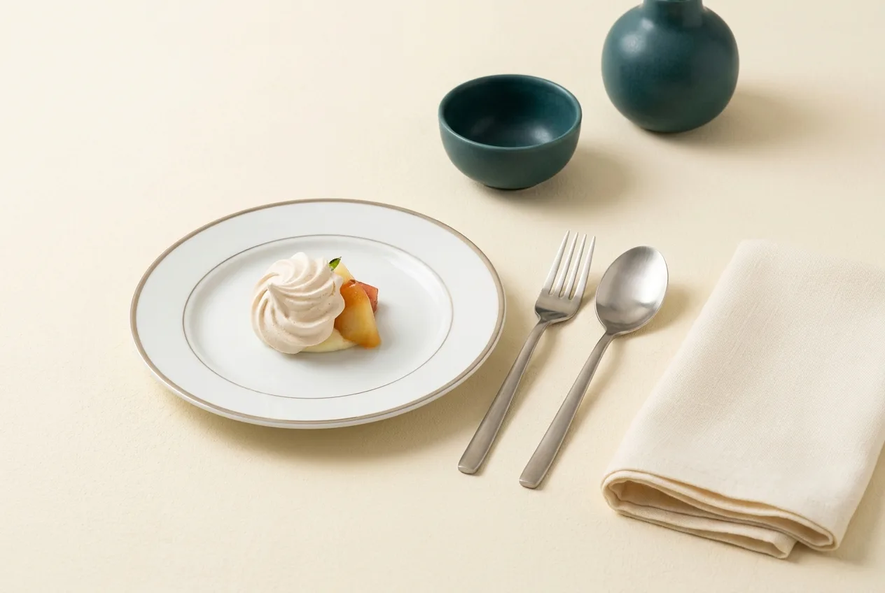 Food & Hospitality | CAQA Research A dessert plate with whipped cream and fruit is shown alongside silverware, representing the Food, Hospitality and Personal.