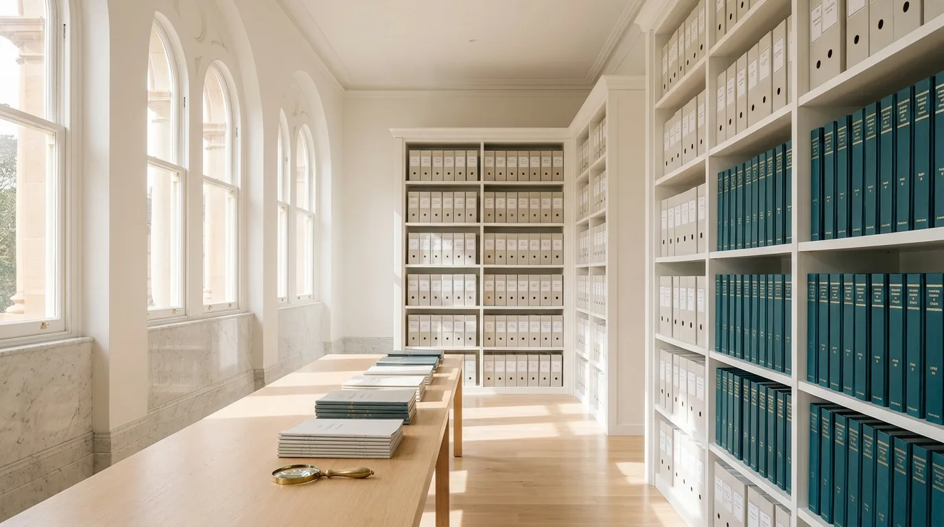 Governance Records | CAQA Research A long room with wooden tables and shelves filled with binders, showing archive shelving of governance records.