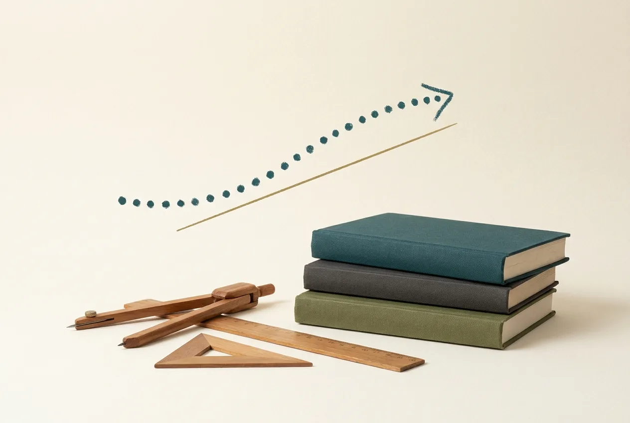 Health Education | CAQA Research Books, a compass and ruler sit beneath an upward-trending dotted line representing growth in education.