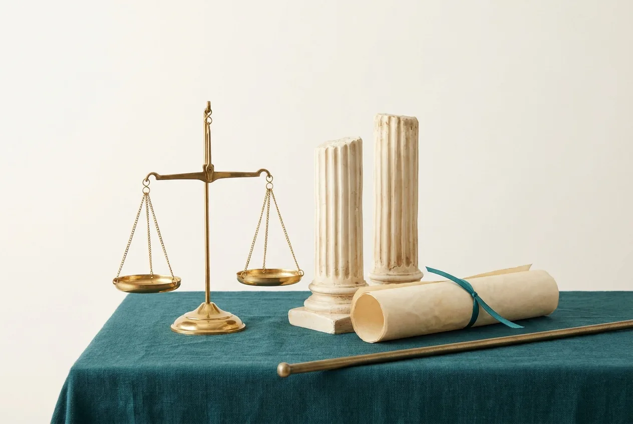 Justice Scales | CAQA Research Scales of justice, columns and parchment represent legal studies within the Management and Commerce field.