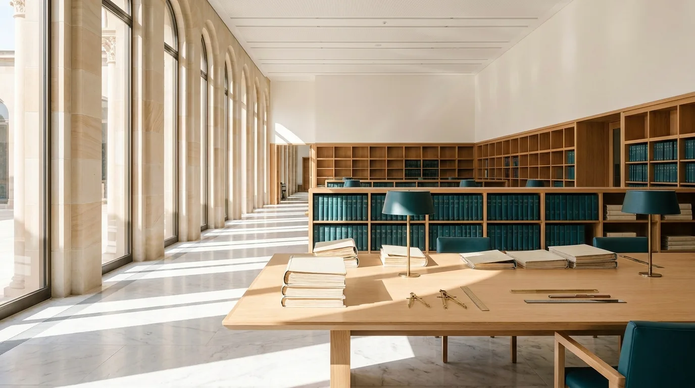 Library Interior | CAQA Research A bright library with long wooden tables and bookshelves provides a welcoming study space for vet policy research.