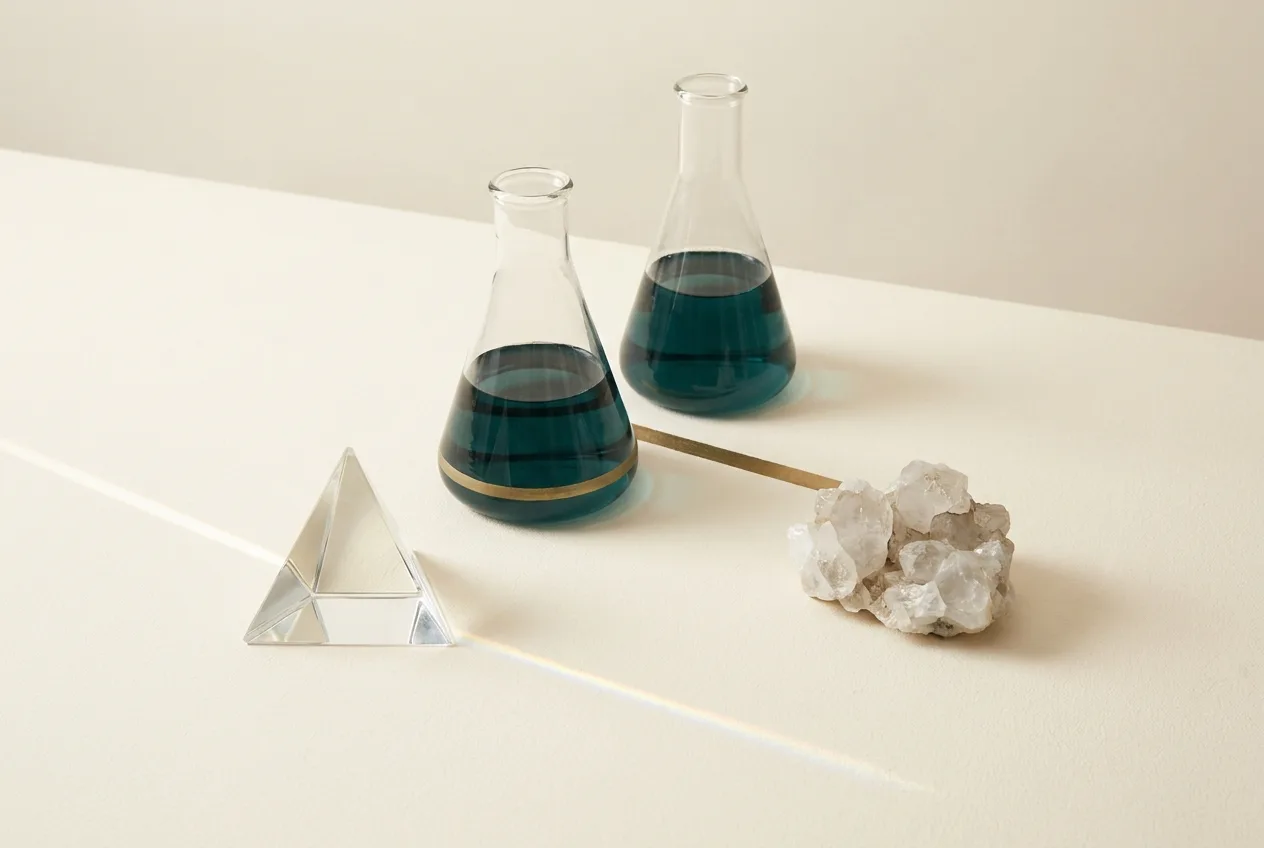 Natural and Physical Sciences | CAQA Research A still life of laboratory equipment including erlenmeyer flasks with blue liquid, a crystal and prism represents natural.